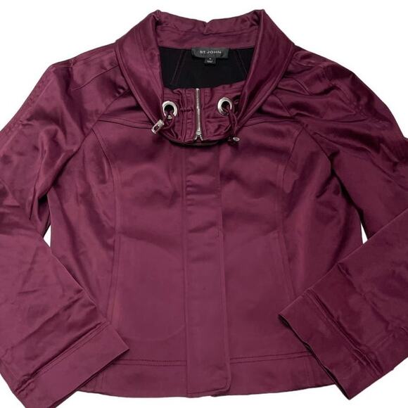 St. John Collection Jackets & Blazers - St. John Jacket Womens Medium Purple Rain Zip Cowl Neck Drawstring Satiny Snap